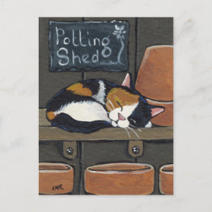Calico Cat in Potting Shed Postcard Vykort