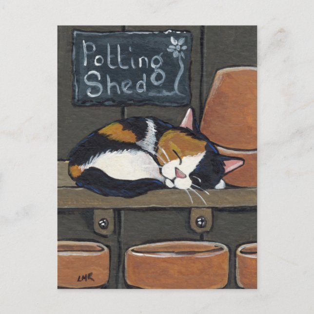 Calico Cat in Potting Shed Postcard Vykort (Framsida)