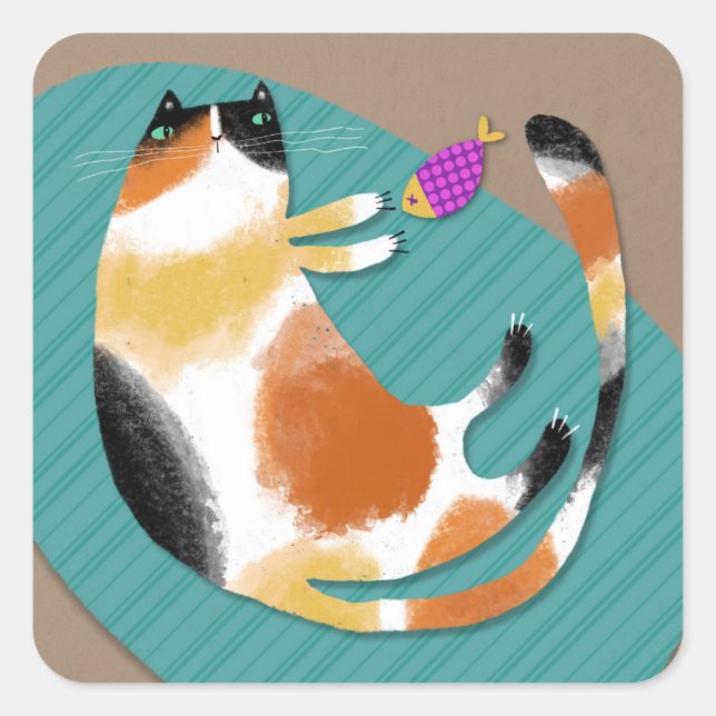 Calico cat & leksak fyrkantigt klistermärke (Framsida)