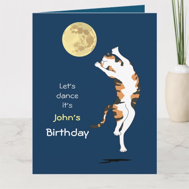 Calico Cat Måne Dancing Birthday Card Kort (Framsida)