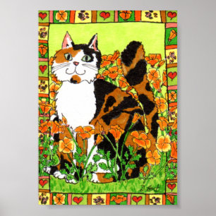 Calico Cat med California Poppies Folk Art Poster