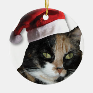 Calico Cat med Jultomten Hat Julgransprydnad Keramik