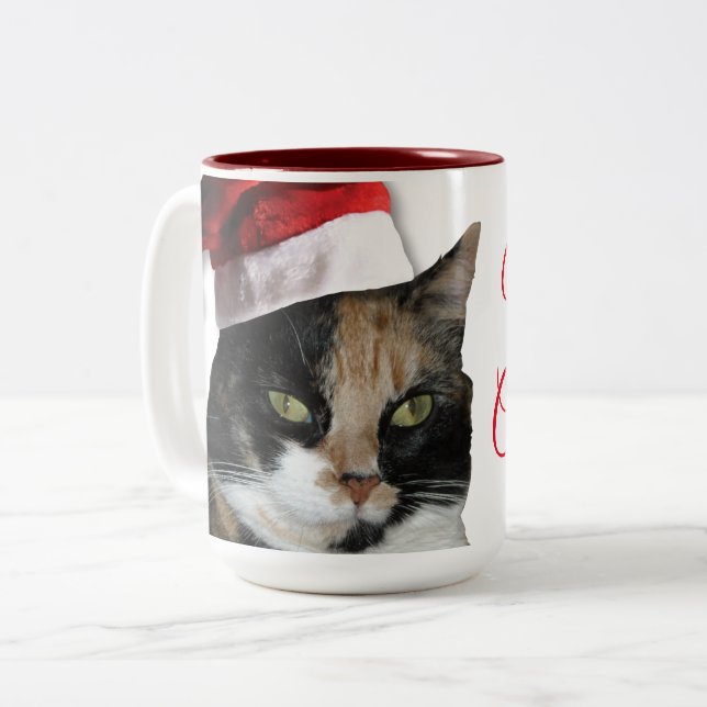 Calico Cat med Jultomten Hat Två-Tonad Mugg (Framsida vänster)