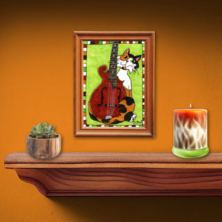 Calico Cat med Mandolin Mini Folk Art Poster