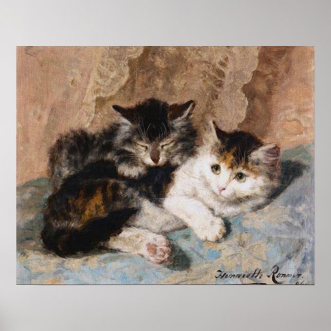 Calico Cat och Grått Kitten Fine Art Painting Poster (Framsidan)