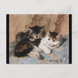 Calico Cat och Grått Kitten Fine Art Painting Vykort