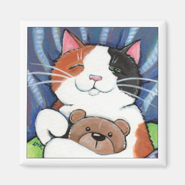 Calico Cat och Nalle | Katt Art Magnet (Framsidan)