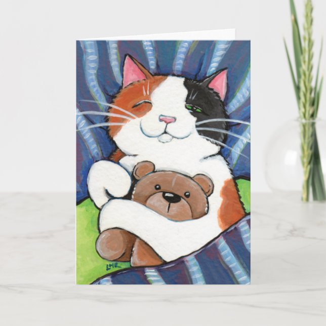Calico Cat och Nalle | Kortet Cat Art-hälsning Kort (Framsida)