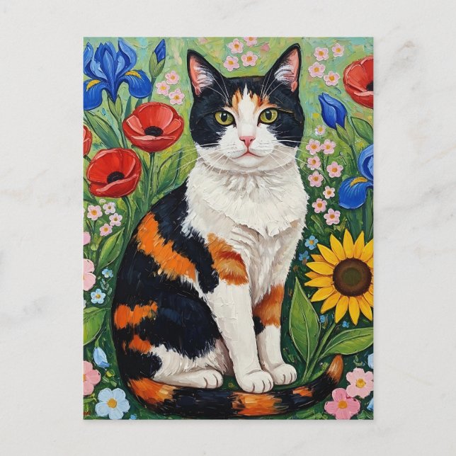 Calico Cat och PeopleArt-solblommor Vykort (Framsida)