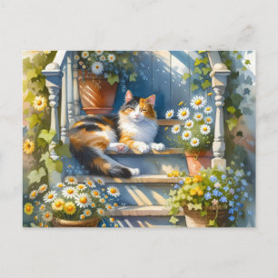 Calico Cat på Blommigt Porch Cottagecore Vykort