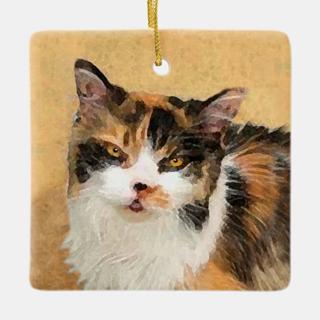 Calico Cat Painting - Cute Original Cat Art Julgransprydnad Keramik (Framsida)