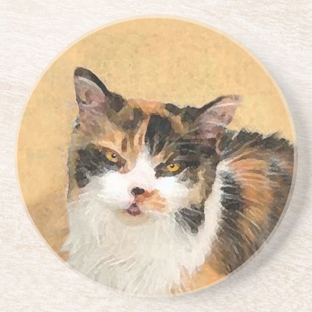 Calico Cat Painting - Cute Original Cat Art Underlägg Sandsten (Framsidan)