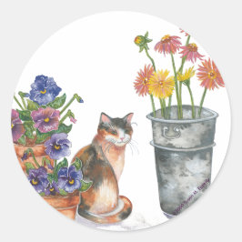 Calico Cat Pansies Daisys Vattenfärg "Don Juan" Runt Klistermärke