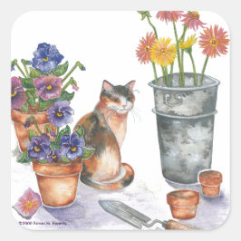 Calico Cat Pansies Daisys Watercolor ’Don Juan’ Fyrkantigt Klistermärke