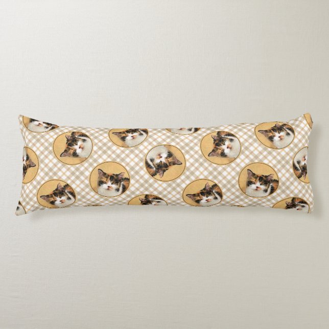 Calico Cat Porträtt målning Cute Original Art Kroppskudde (Framsidan)