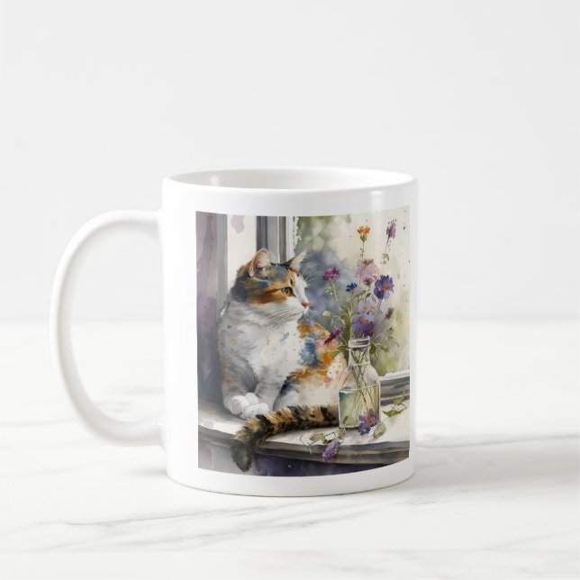 Calico Cat Purple Flowers Window Sunlight  Kaffemugg (Vänster)