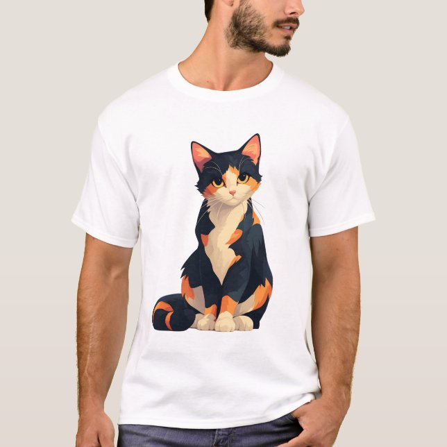 Calico Cat Sitting Illustration T Shirt (Framsida)