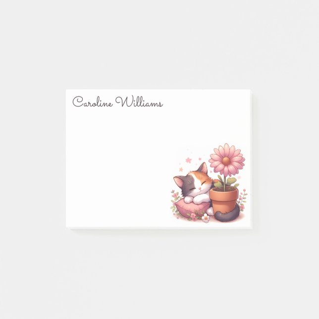 Calico Cat Sleeping Kitten med Rosa Daisy Post-it Block (Framsida)