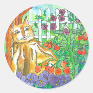 Calico Cat Vegetable Garden Watercolor Painting Runt Klistermärke