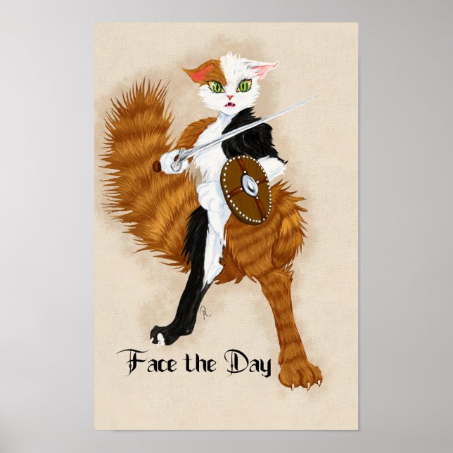Calico Cat Warrior Grimalkin med Sword and Shield Poster (Framsidan)