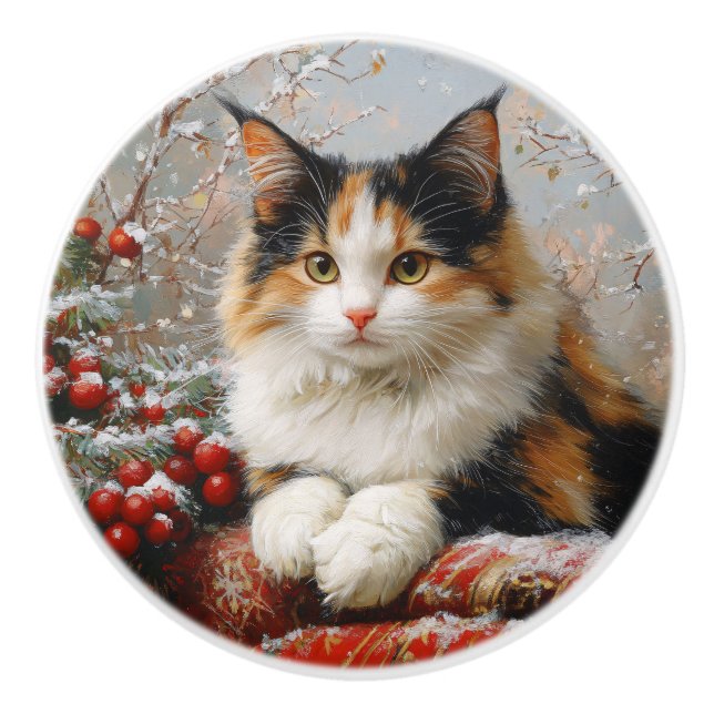 Calico Cat Winter Scene-målning Knopp (Framsidan)