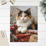 Calico Cat Winter Scene-målning Vykort<br><div class="desc">Vykortskonst med en målning av en vacker kaliko-katt på en vinterscen omgiven av röda bär,  gräs-sprickor och mysiga textilier.</div>