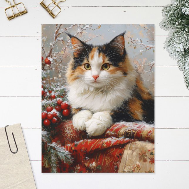Calico Cat Winter Scene-målning Vykort (Skapare uppladdad)