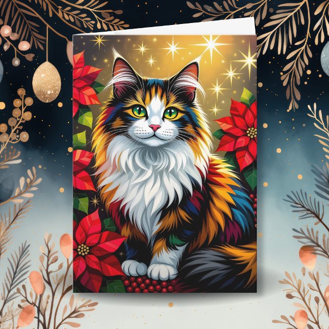 Calico Cat with Poinsettias Custom Christmas Helgkort (Skapare uppladdad)
