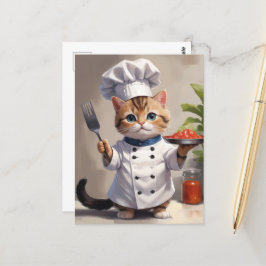 Calico Kitten Chef med Fork Cute Baking Cat Vykort