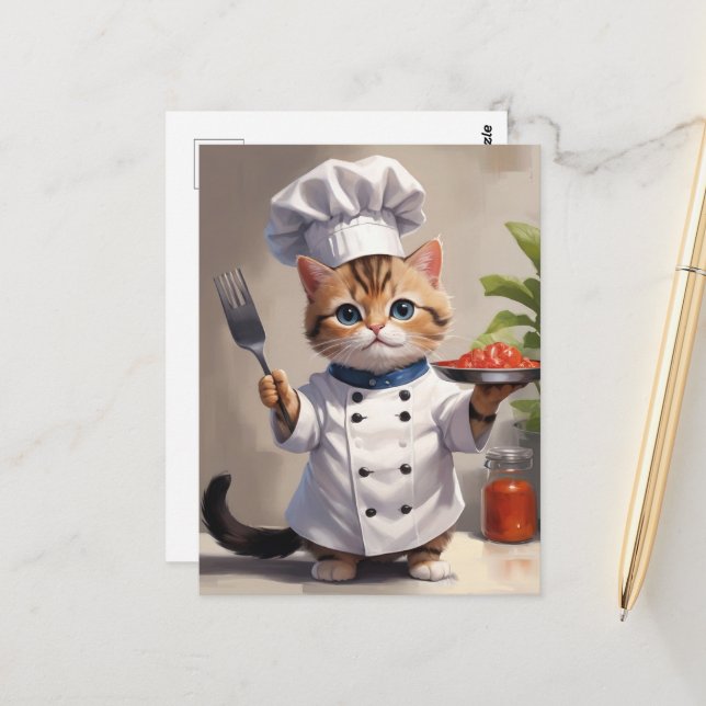 Calico Kitten Chef med Fork Cute Baking Cat Vykort (Fram/Back In Situ)