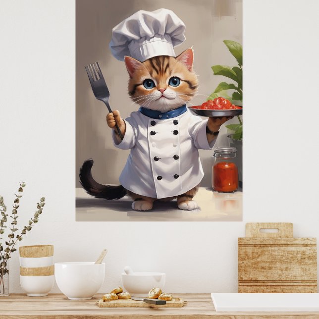 Calico Kitten Chef med Fork Cute Baking Poster (Kök)