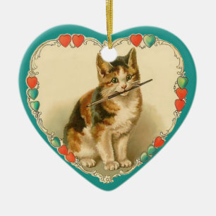 Calico Kitten i hjärtat - 2 sid Julgransprydnad Keramik