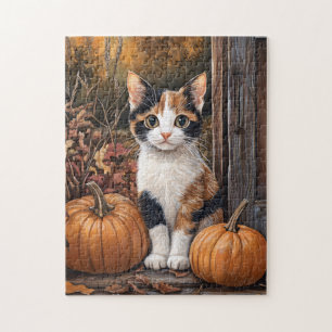 Calico Kitten Sitta bland Höst löv Pussel
