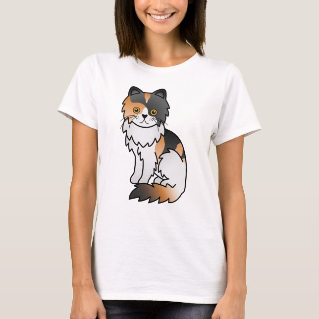 Calico Persian Cute Tecknad Cat Illustration T Shirt (Framsida)