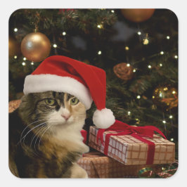 Calico Santa Kitty Stickers Fyrkantigt Klistermärke