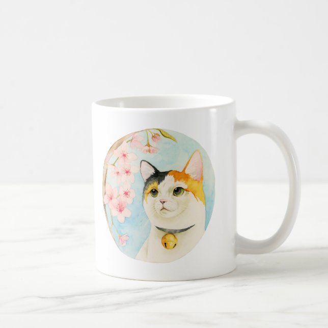 Calicokatt och körsbärsröd blommarblommavattenfärg kaffemugg (Höger)