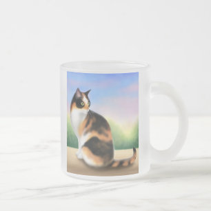 Calicokatt på solnedgångkaffemuggen frostad glasmugg