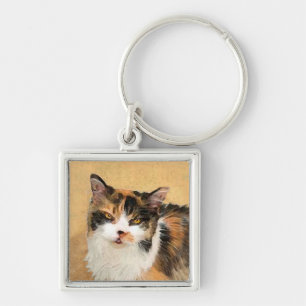 Calicot-målning - Cute Original Cat Art Fyrkantig Silverfärgad Nyckelring