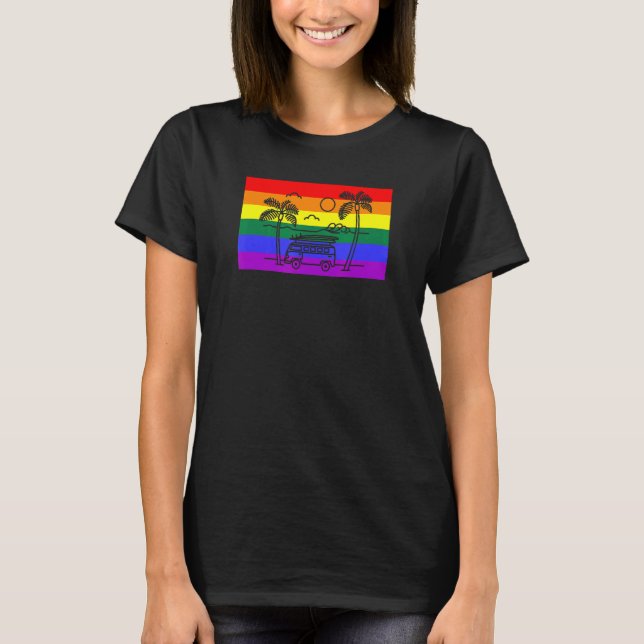 California Beach Handflatan Träd Van Lgbtq Gay pri T Shirt (Framsida)