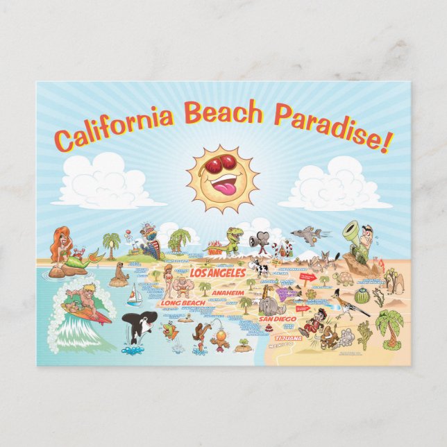 California Beach Paradise Tecknad Postcard Vykort (Framsida)