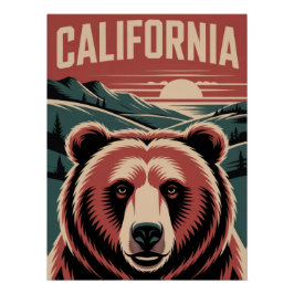 California Bear & Mountain Sunset - Vintage Golden Perfect Poster