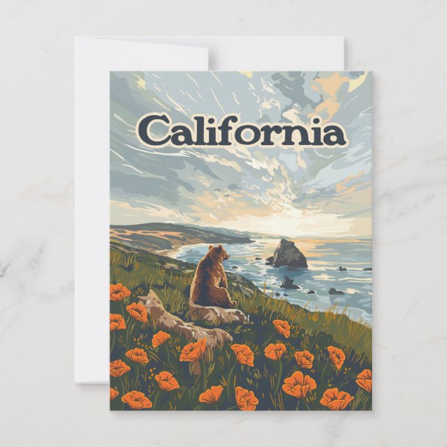 California Bear Poppies Flowers Kusten Retro Card (Framsida)