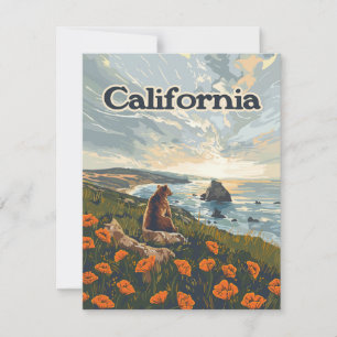 California Bear Poppies Flowers Kusten Retro Card