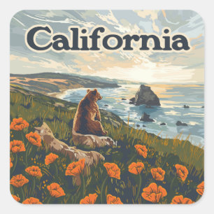 California Bear Poppies Flowers Kusten Retro Fyrkantigt Klistermärke