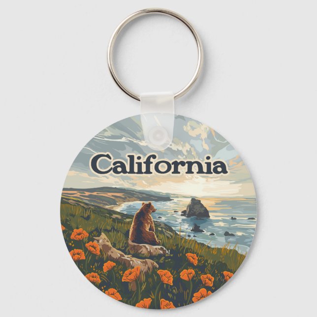 California Bear Poppies Flowers Kusten Retro Nyckelring (Framsida)