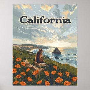 California Bear Poppies Flowers Kusten Retro Poster