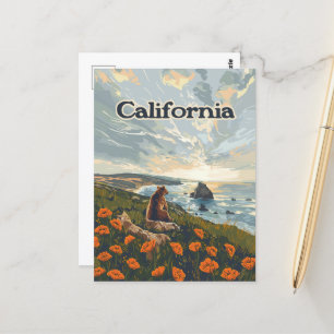 California Bear Poppies Flowers Kusten Retro Vykort