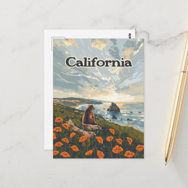 California Bear Poppies Flowers Kusten Retro Vykort (Fram/Back In Situ)