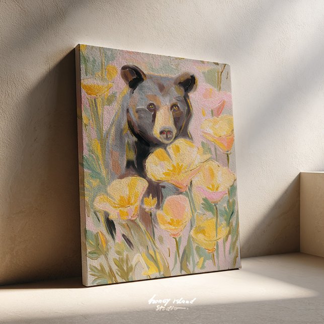 California Bear with Poppies & Wildflowers Art Pri Canvastryck (california bear, poppy art print, state flower art, wildflower decor, california art, botanical wall)