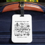 California Family Trip Custom Matching Bagagebricka<br><div class="desc">This black-and-white California doodle-style travel design showcases iconic symbols of the Golden State including the Golden Gate Bridge, surf waves, palm trees, tacos, and road-trip elements. Personalize the text with your family name, travel destination and year to create a unique souvenir for a California vacation, family trip, reunion, or group...</div>
